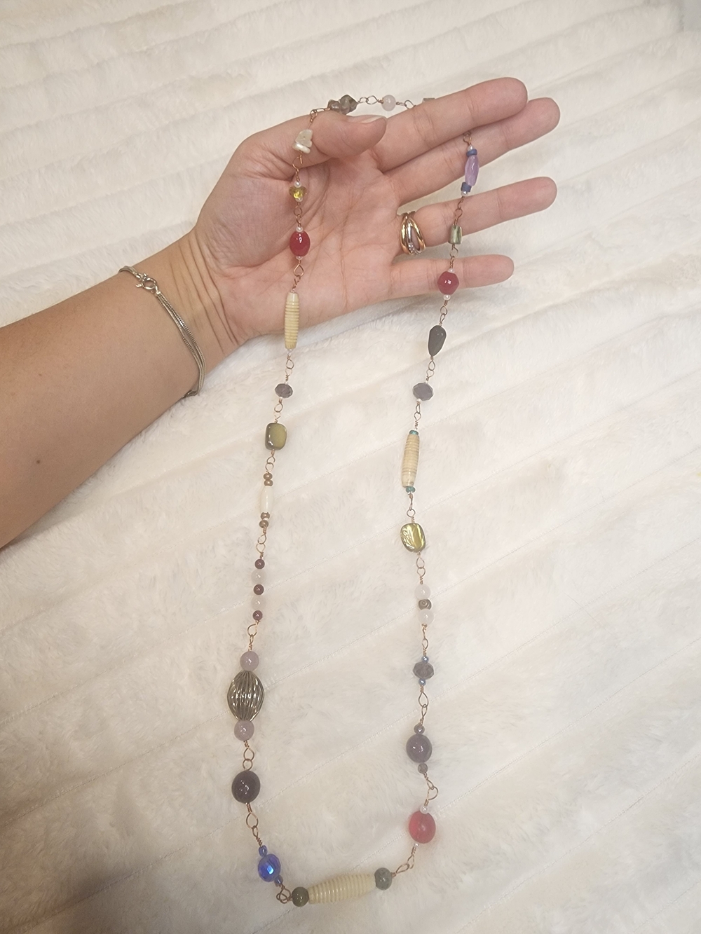 Long Artisan Boho Mixed Bead Necklace Multicolor Wire Wrapped Statement Jewelry